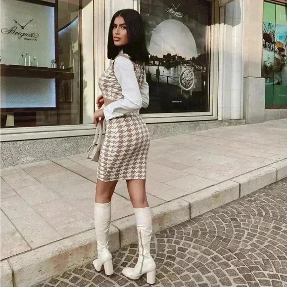 BOUTIQUE SET houndstooth cream white bodycon skirt collared blouse - Picture 2 of 5